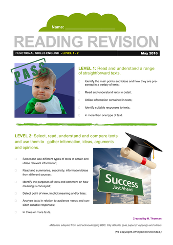 Functional Skills English READING Revision Pack for teenagers (22 page full colour)