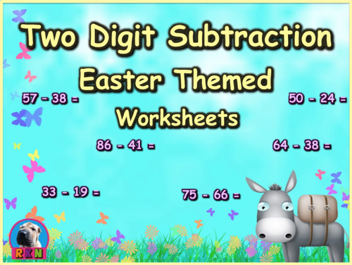 Two Digit Subtraction Worksheets - Easter Themed - Horizontal