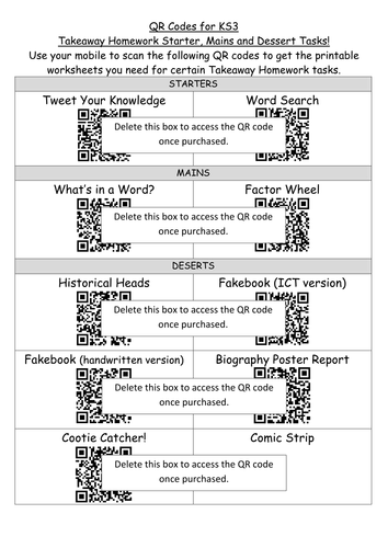 The ULTIMATE Takeaway Homework menu (generic for all subjects) with QR codes