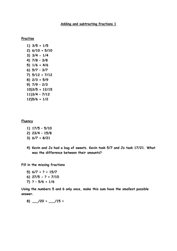 Adding and subtracting fractions Year 5 second set | Teaching Resources