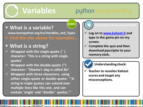 Python Programming Lesson 3 (Year 7 or younger) - Strings and Variables.