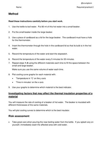 GCSE Physics Required Practical 2 - Thermal Insulation worksheet