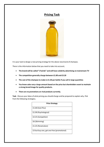 Pricing Task - Set the price for a new shampoo
