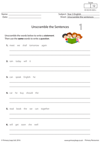 English Resource - Unscramble the Sentences 1