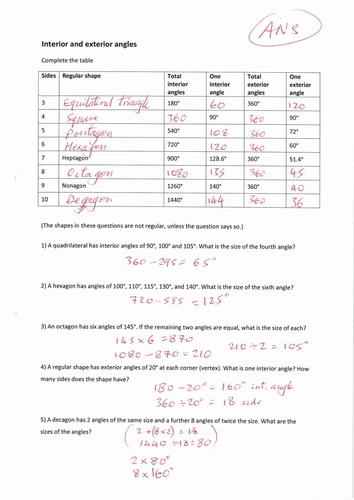 Maths Interior and exterior angles worksheet