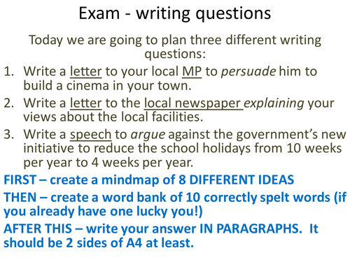 Writing questions for a one off exam style lesson new GCSE argue question