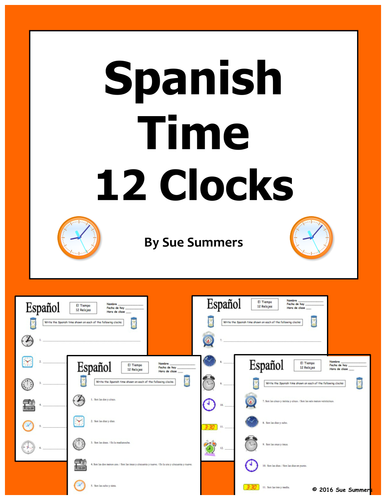 Spanish Time 12 Clocks With Time Worksheet