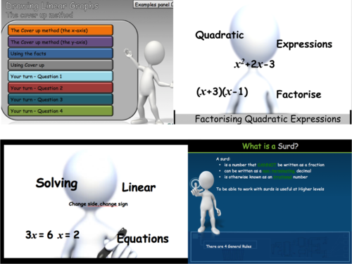 BUNDLE - Linear Graphs, Linear Equations, Surds, Quadratic Expressions GCSE