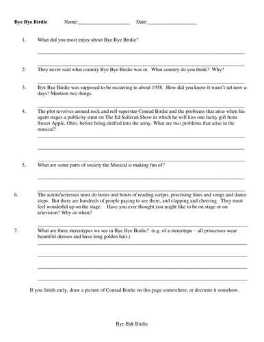 Bye Bye Birdie worksheet