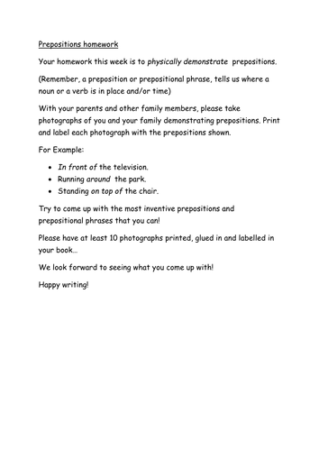 KS2 or LKS3 Prepositions HW task