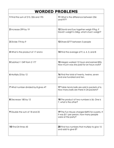 Year 3 Maths .....Mixed Topics Worksheet( Answers Included) by ...