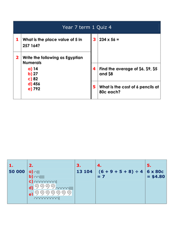 short maths quiz worksheets for year 7 teaching resources