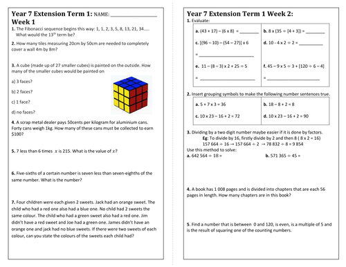 maths extension homework sheet year 7 teaching resources