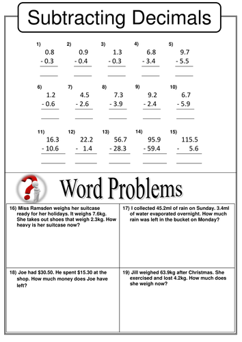 addition and subtraction of decimals problem solving