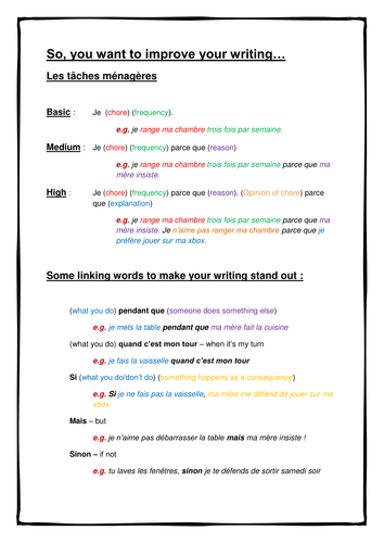 Household chores french worksheet image