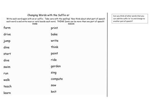Adding a Suffix er to change a verb to a noun.