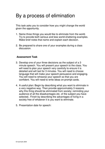 Elimination - a speaking and listening task