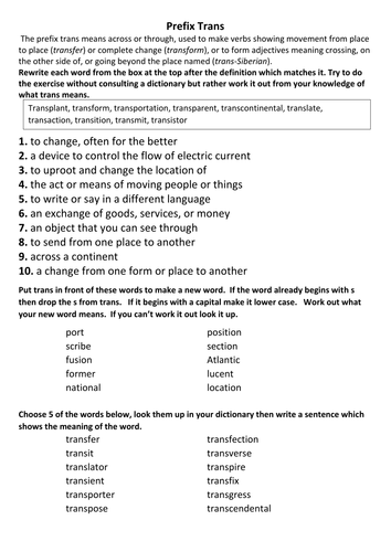 Words Using the Prefix Trans by KPolkinghorne - Teaching Resources - Tes