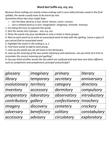 A Word Sort for suffixes ary, ory, ery.