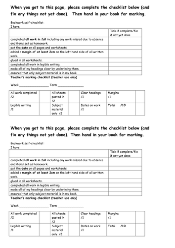 Book work marking checklists