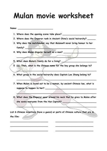 Ancient China - Mulan movie worksheet