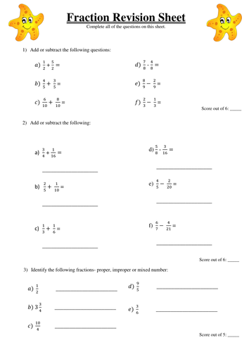 fractions revision sheet y6 by sarahbond uk teaching
