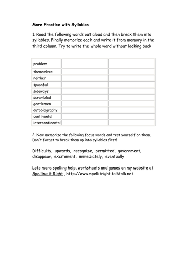 Some practice at dividing words into syllables | Teaching Resources