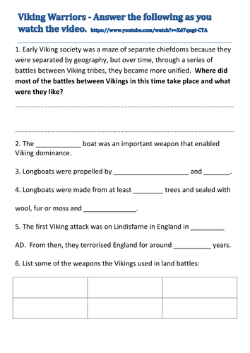 Viking Warriors video worksheet