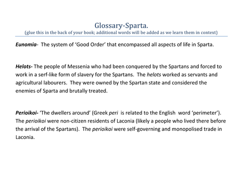 Ancient Spart Glossary and Who or What am I Quiz