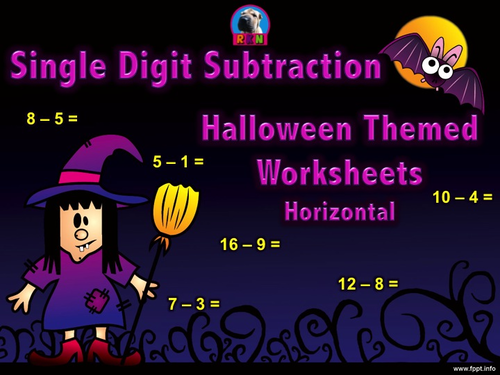 Single Digit Subtraction - Halloween Themed Worksheets - Horizontal