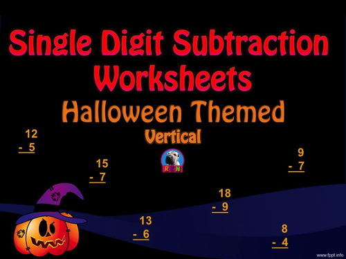 Single Digit Addition - Halloween Themed Worksheets - Vertical