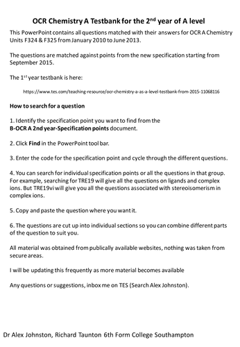 OCR Chemistry A  2nd Year Testbank for the 2015 Spec A-Level