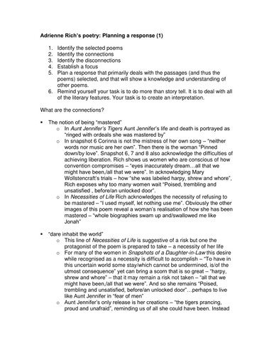 Adrienne Rich's poetry - planning passage analyses