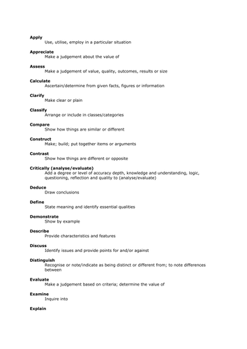 Key instruction words - writing and speaking