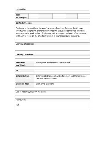 Lesson Observation Pros and Cons of Tourism with differentiation KS3