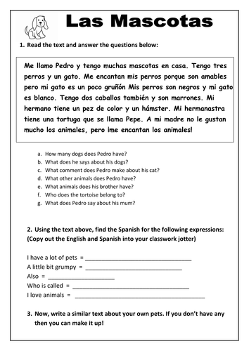 Spanish - Pets Worksheet