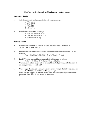 Exam questions on moles and reacting masses