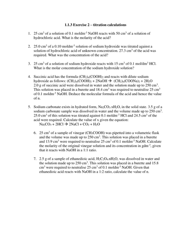 AS and A Level Chemistry calculaltion on titration with answers