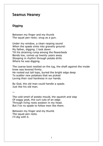 Digging by Seamus Heaney - notes and question