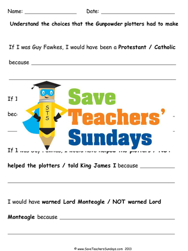 Making Choices Faced by Guy Fawkes And Others KS1 Lesson Plan and Worksheet