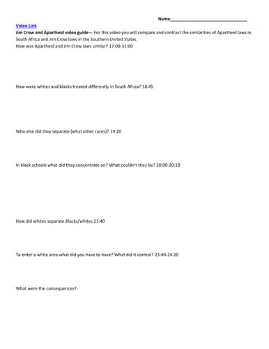 Jim Crow vs. Apartheid and Color of Friendship video guides/Essay
