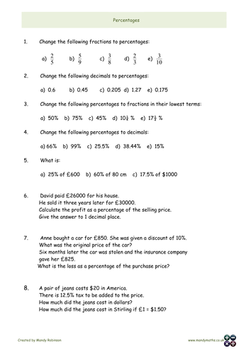 Percentages - increase decrease , changing between decimals, fractions, percentages L1 L2 GCSE