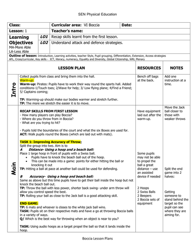 VI Boccia Lesson Plans and Assessment Sheet by GoldSEN 
