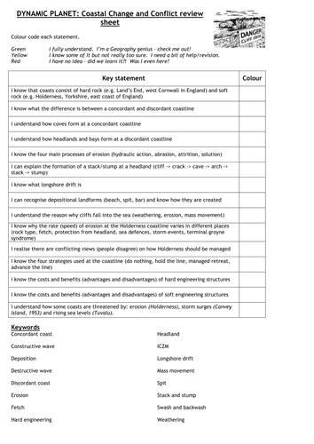 Edexcel GCSE Geography B - Coastal Change and Conflict - End of Unit Test and Review Sheet