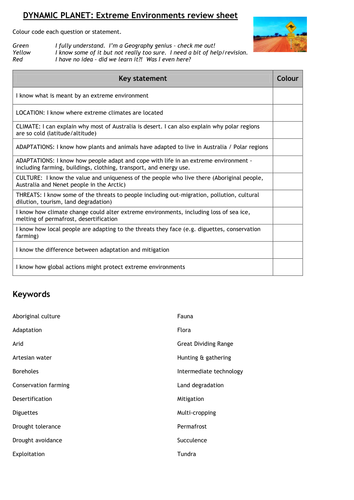 Edexcel GCSE Geography B - Extreme Environments - End of Unit Test and Review Sheet