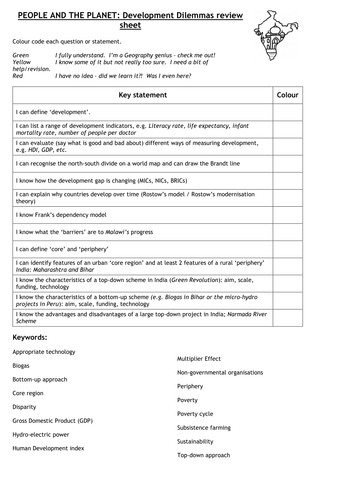 Edexcel GCSE Geography B - Development Dilemmas - End of Unit Test and Review Sheet