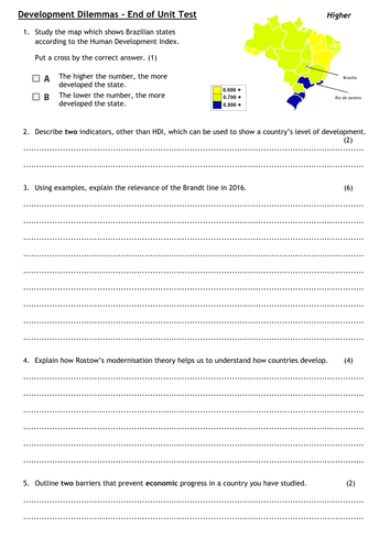 Edexcel GCSE Geography B - Changing Settlements in the UK - End of Unit Test and Review Sheet
