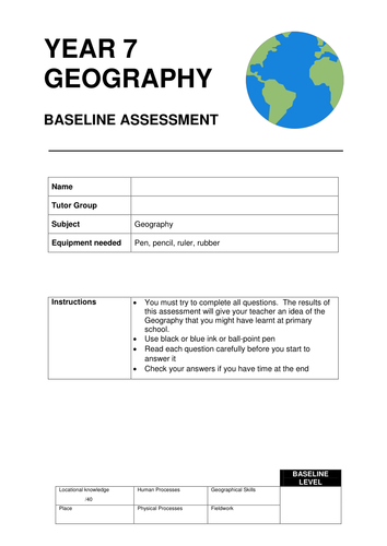 Geography KS3 Baseline Assessment Test and Mark Scheme for Year 7