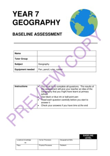 Geography KS3 Baseline Assessment Test for Year 7 - Full Preview Copy