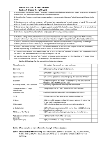 Media Industry worksheet for A-Level Media Studies Year 1